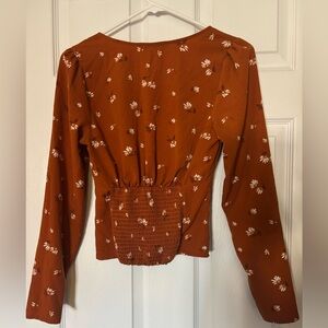 Abercrombie orange long sleeve floral shirt XS stretch waist